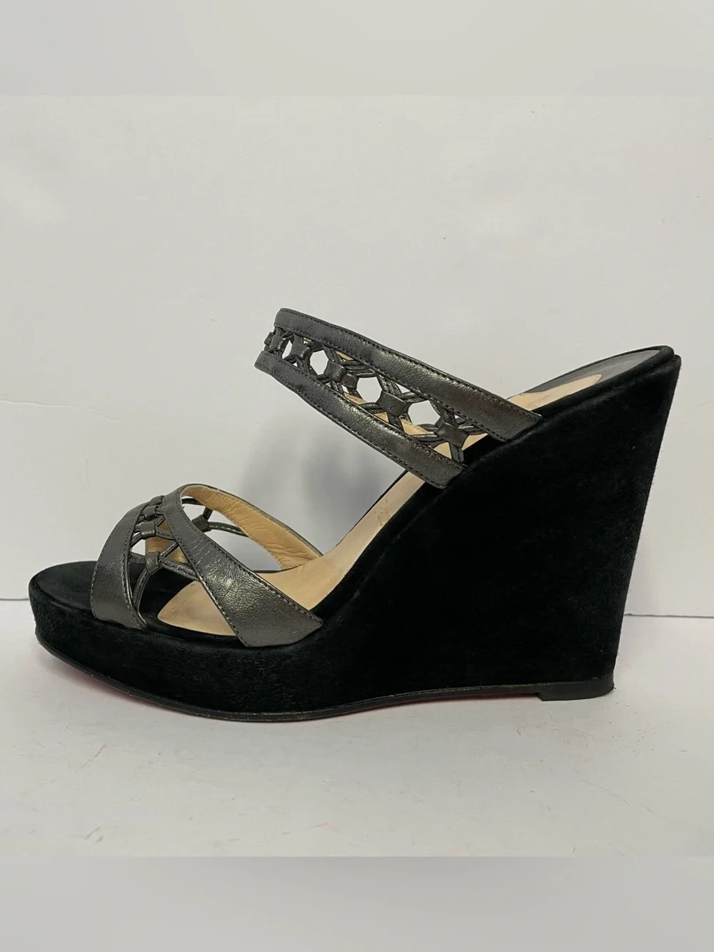 Christian Louboutin Black Suede and Metallic Grey Wedge Sandals